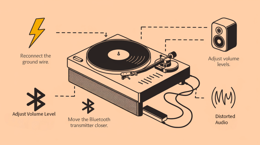 An illustration of a turntable with a vinyl record, connected to a Bluetooth transmitter, on a beige background, showing troubleshooting tips like reconnecting the ground wire, adjusting volume levels, moving the Bluetooth transmitter closer, and addressing distorted audio issues.