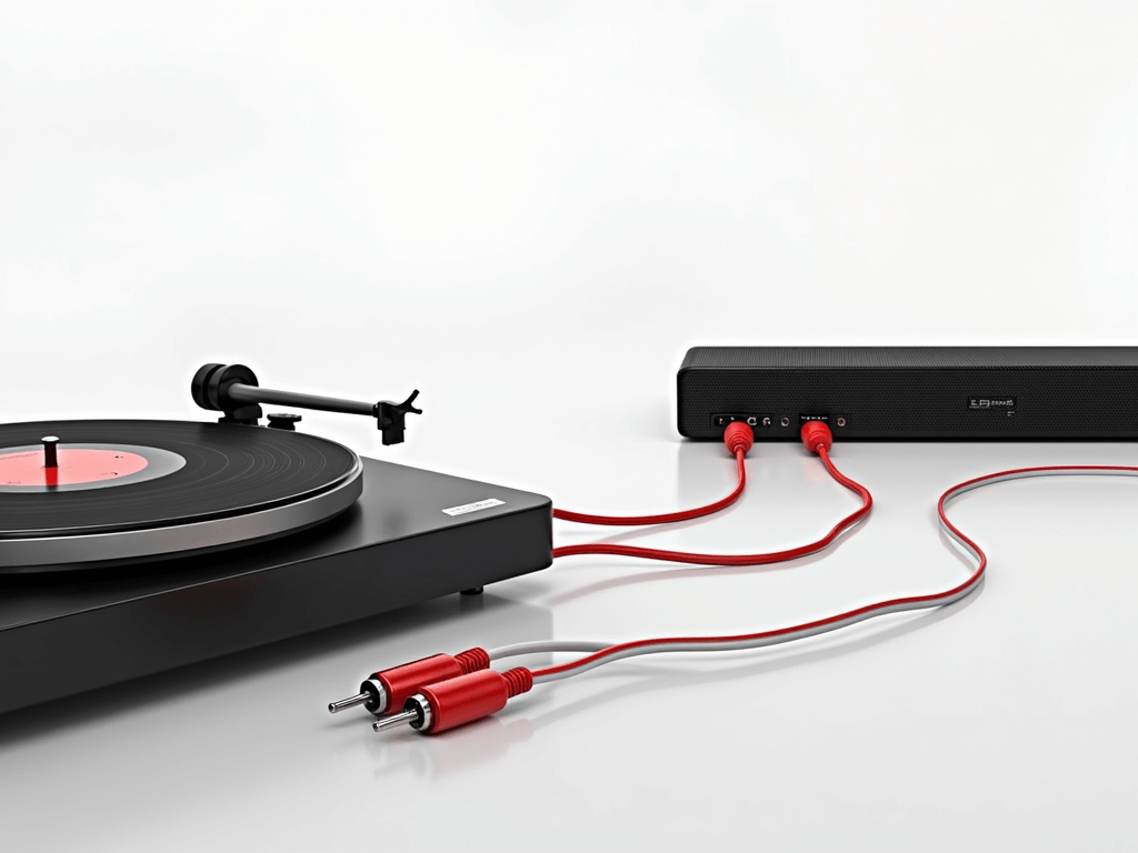 A black turntable with a red vinyl record spinning, connected to a black soundbar via red and white RCA cables on a white background, demonstrating the setup for understanding turntable and soundbar compatibility.