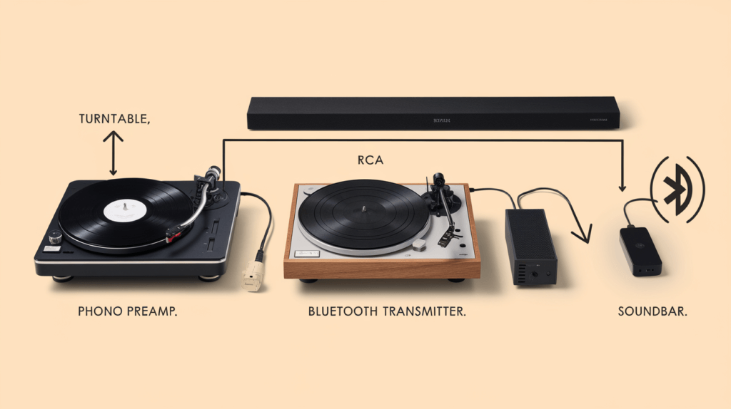 A diagram showing two turntables, one with a phono preamp and another with a Bluetooth transmitter, connected via RCA cables to a black soundbar, illustrating the setup for connecting a turntable to a soundbar on a beige background.