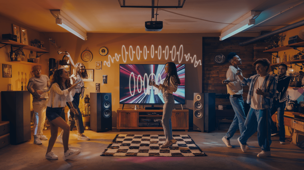 Garage party with two soundbars spreading sound, showcasing the appeal of enhanced audio coverage.