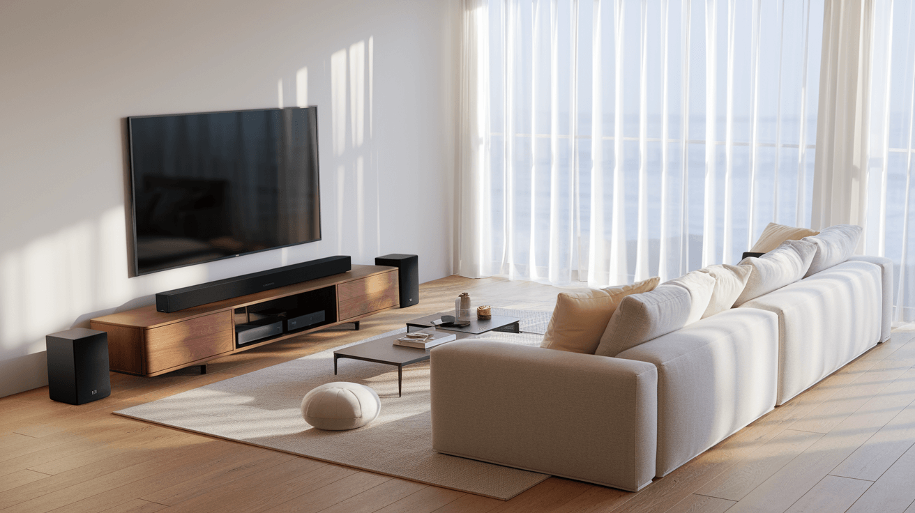 A modern living room featuring a sleek Samsung soundbar and wireless subwoofer under a flat-screen TV, with bright natural light and a minimalist design.