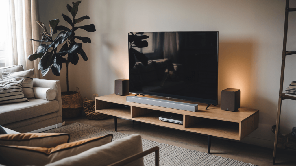 Modern living room with soundbar and extra speakers for immersive 2025 audio setup.