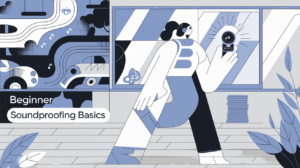 Illustration of a beginner starting soundproofing, using a decibel meter to block traffic and dog noise, creating a quiet space.