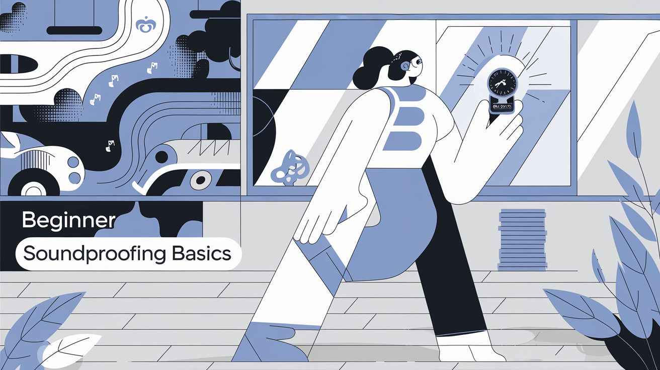 Illustration of a beginner starting soundproofing, using a decibel meter to block traffic and dog noise, creating a quiet space.