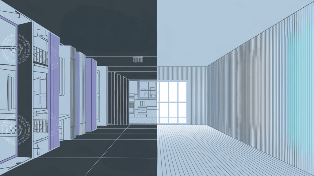 Illustration comparing a noisy apartment to a quiet soundproofed room, highlighting STC and IIC ratings effectiveness.