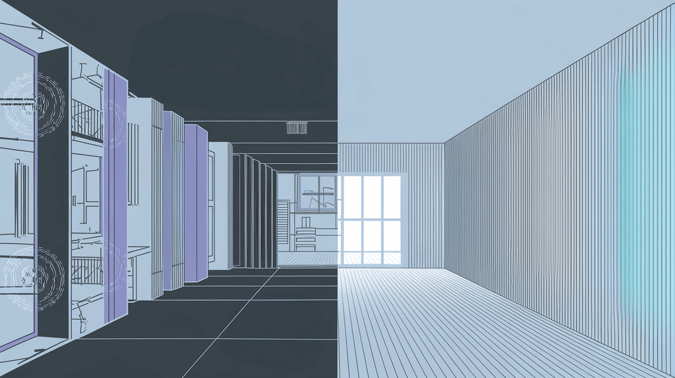 Illustration comparing a noisy apartment to a quiet soundproofed room, highlighting STC and IIC ratings effectiveness.