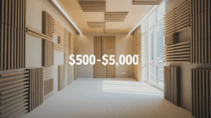 Chart showing soundproofing costs in 2025, ranging from $500 to $5,000, with materials in a modern room