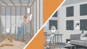 Split view of soundproofing with MLV vs acoustic panels on a wall for noise control.