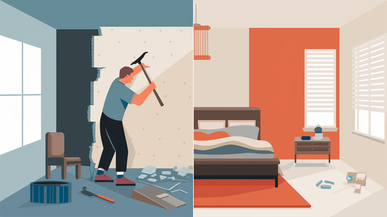 Split illustration of DIYer removing drywall vs finished decoupled wall for soundproofing.