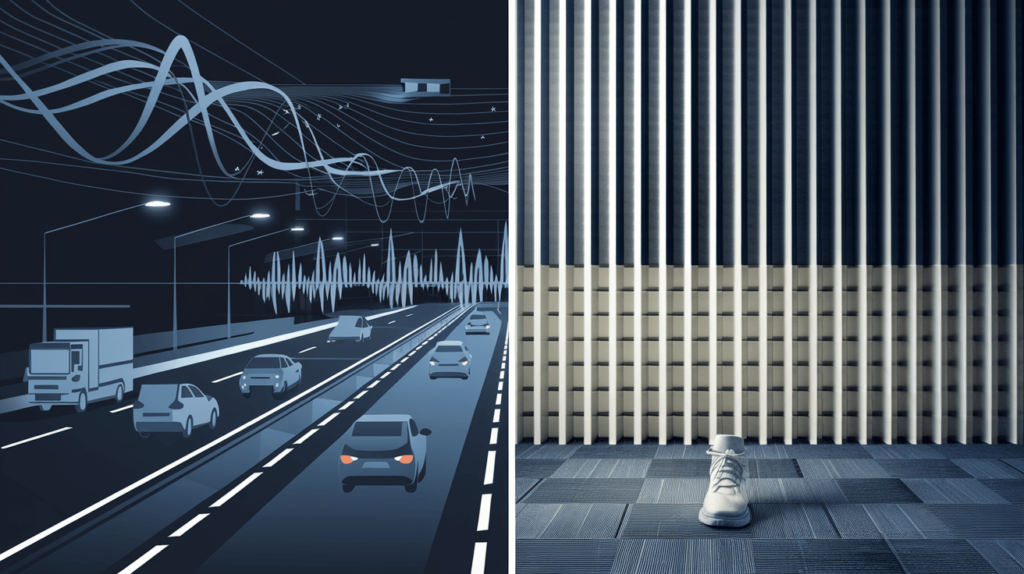 Illustration comparing airborne noise from traffic to impact noise from footsteps.