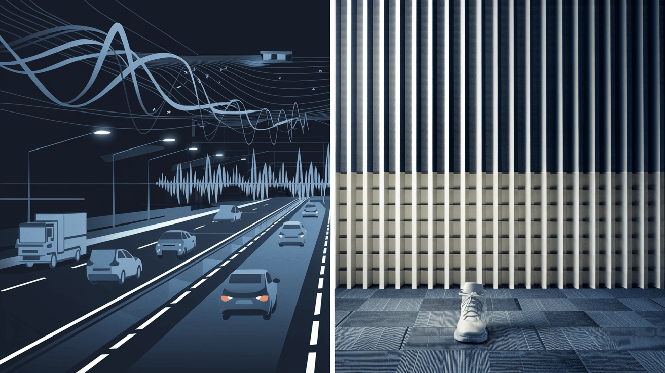 Illustration comparing airborne noise from traffic to impact noise from footsteps.