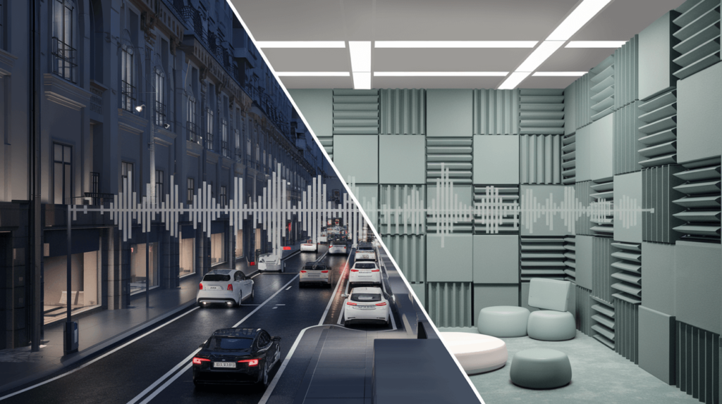 Illustration comparing a noisy street to a quiet room, highlighting soundproofing vs sound absorption.