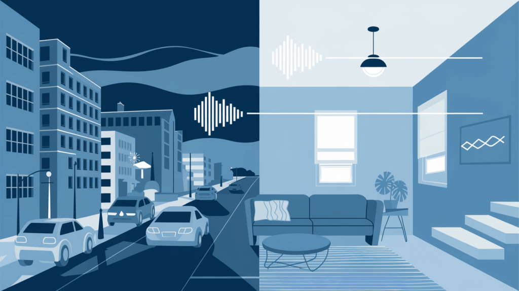 Illustration of a noisy street vs. a quiet, soundproofed home, showing why soundproofing benefits your space.