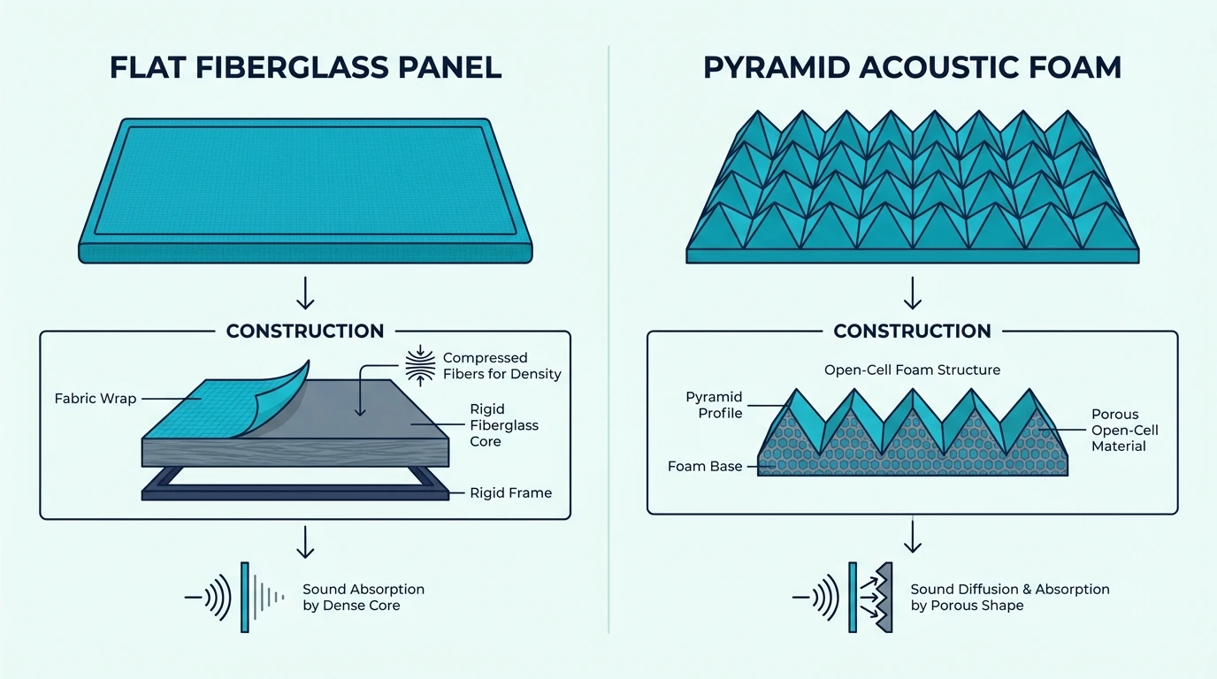Professional fabric-wrapped acoustic panel showing fiberglass core construction