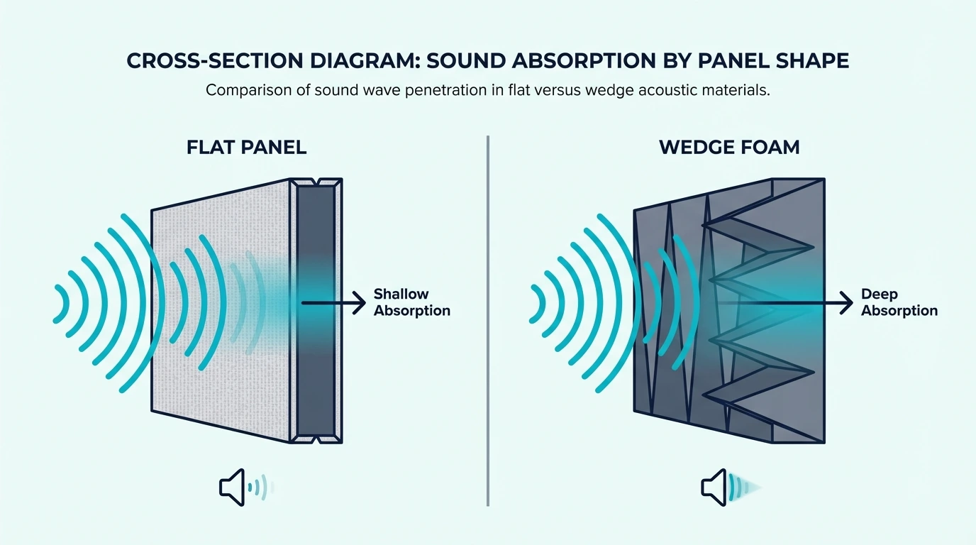 Cross-section diagram showing sound waves entering open-cell acoustic foam structure