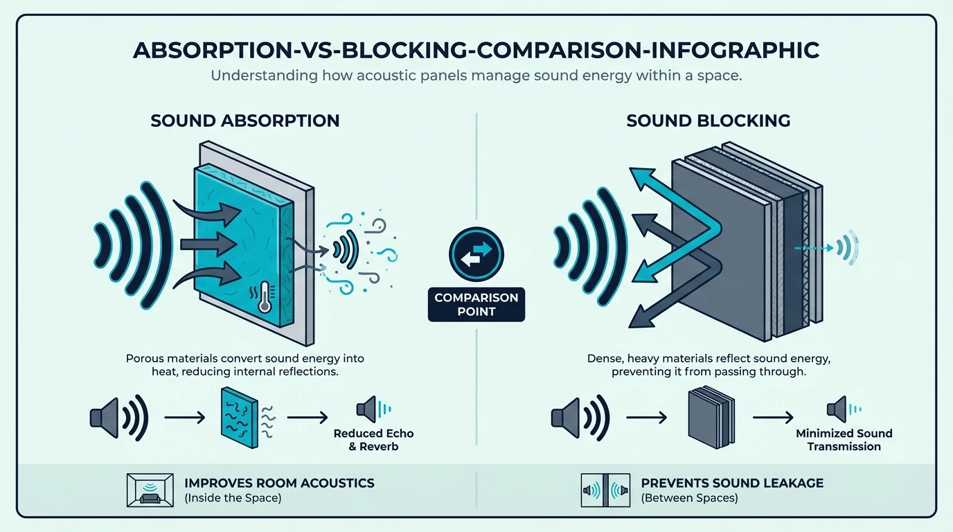 Absorption vs blocking comparison infographic for do acoustic panels keep sound in