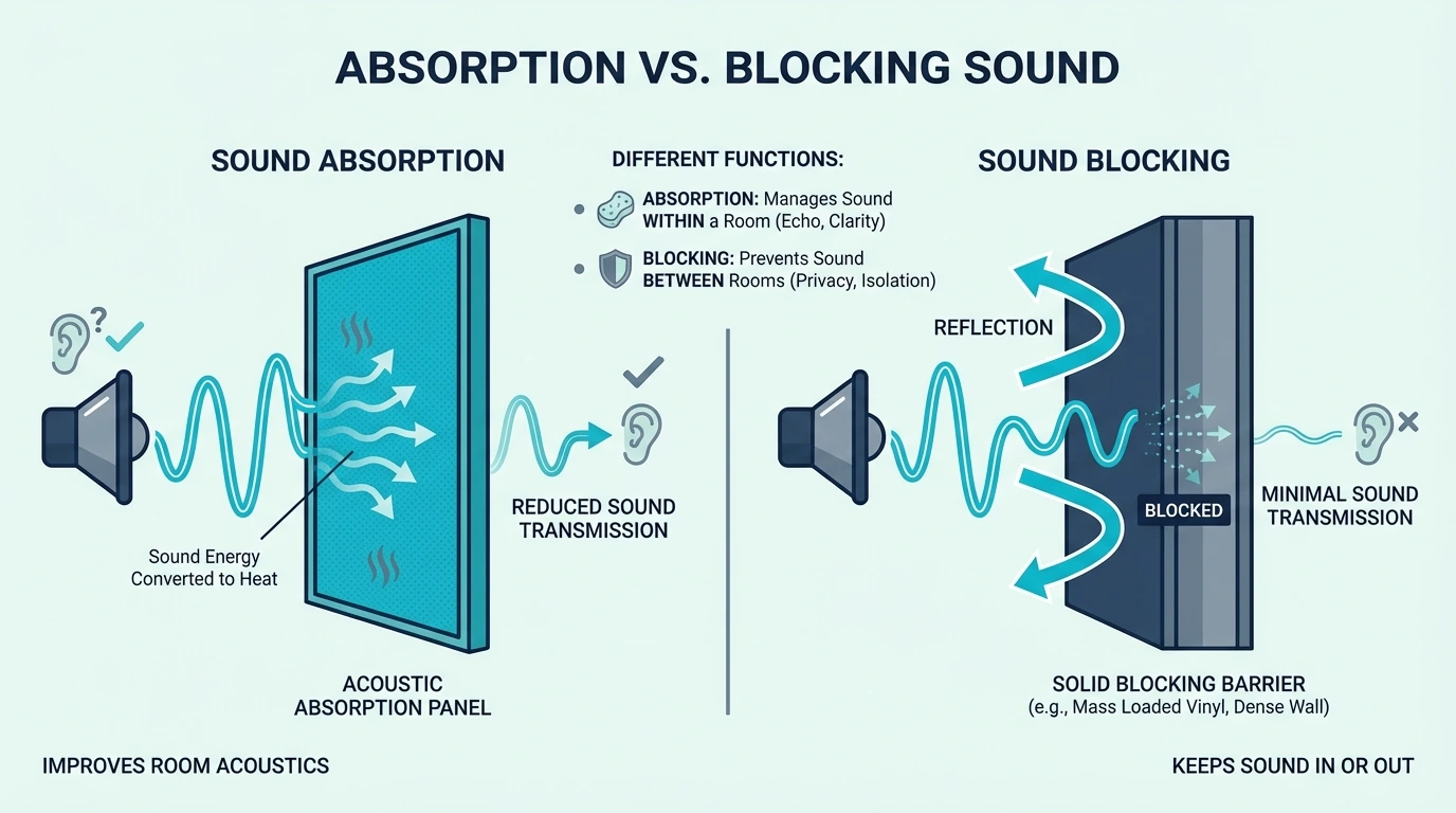 Absorption vs blocking sound diagram for do acoustic panels keep sound in