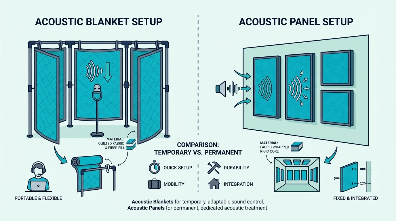Acoustic blanket setup for temporary sound absorption