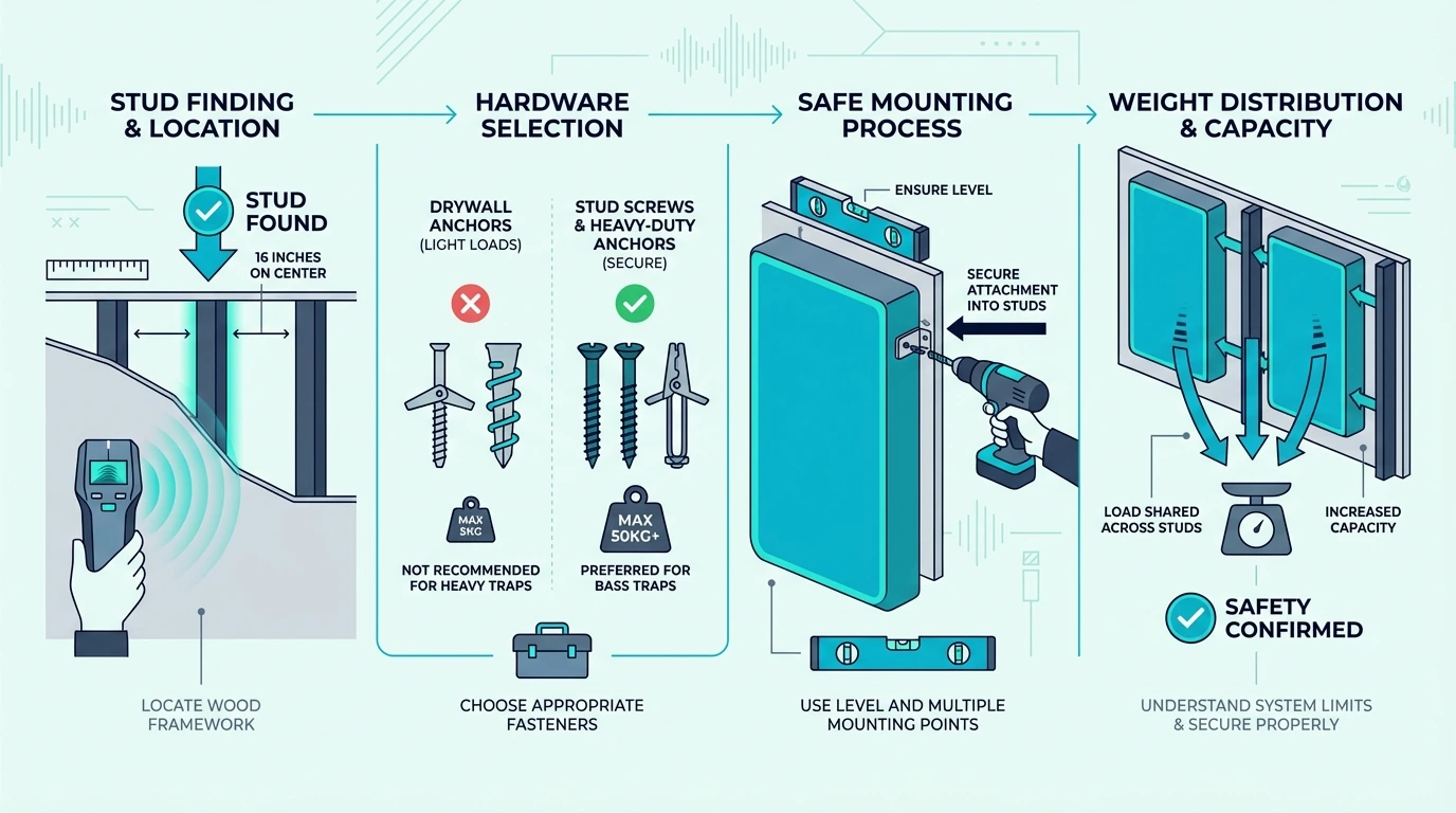 Bass trap installation safety checks for studs and weight capacity