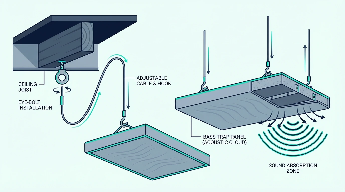 Ceiling bass trap cloud mounted with eye bolts and cable