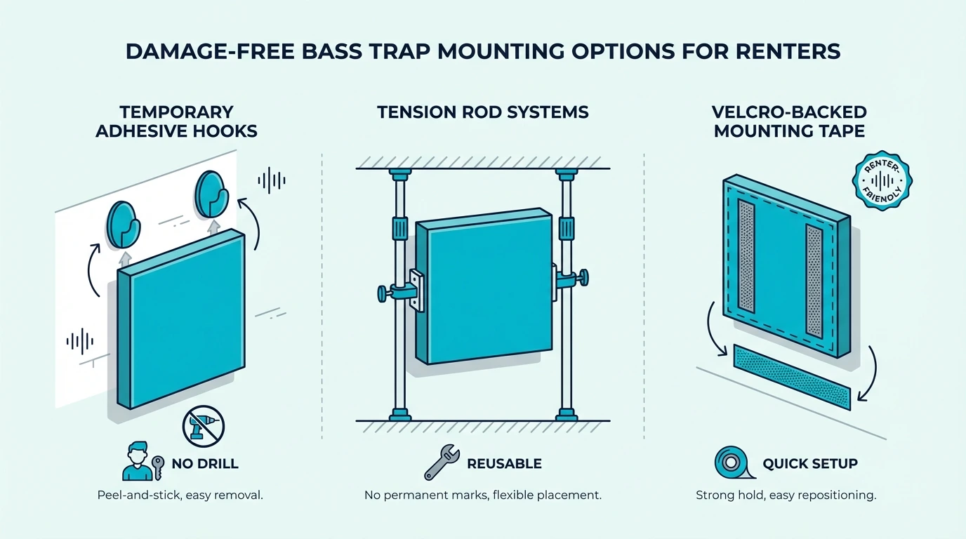 Damage-free bass trap mounting options for renters