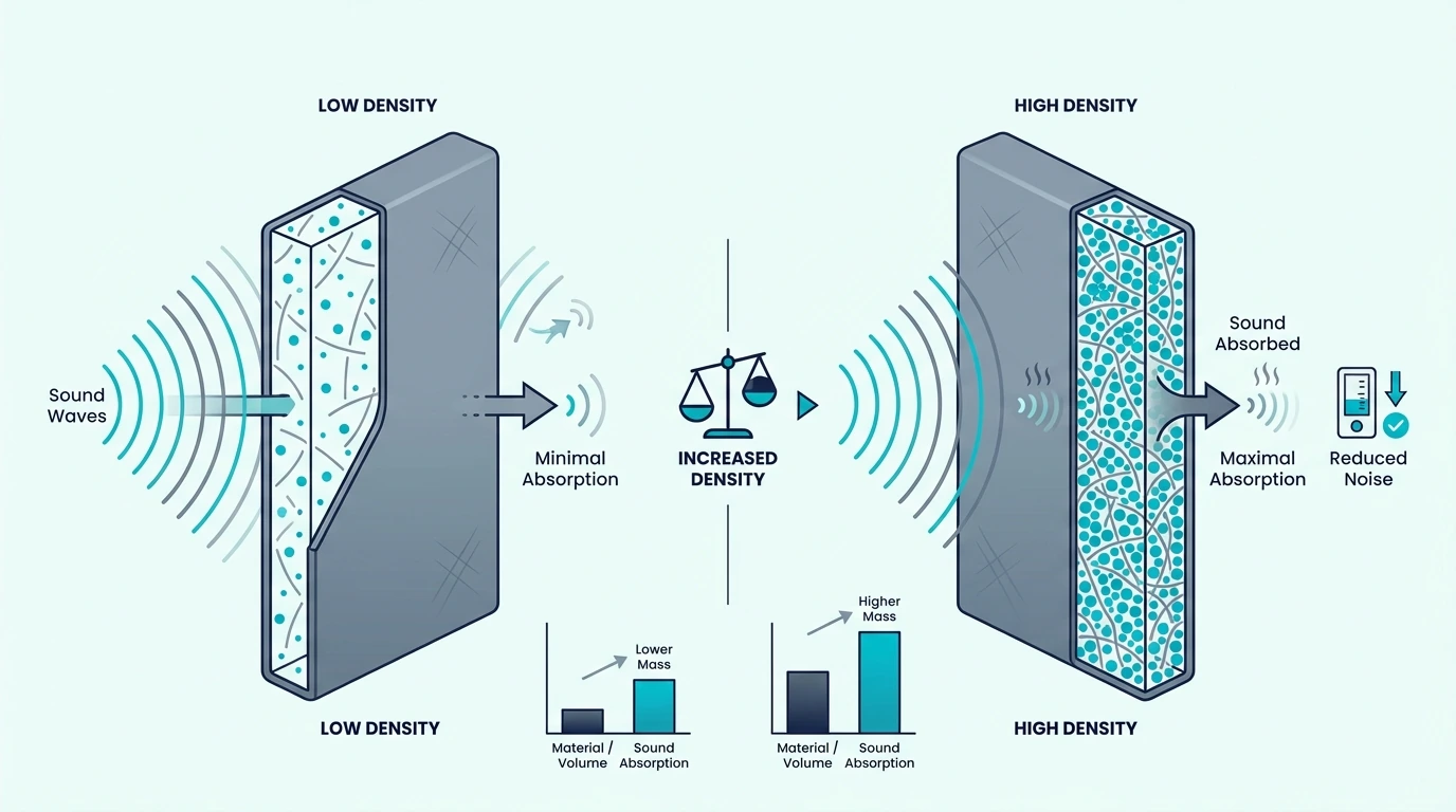 Diagram explaining how acoustic panel density affects absorption