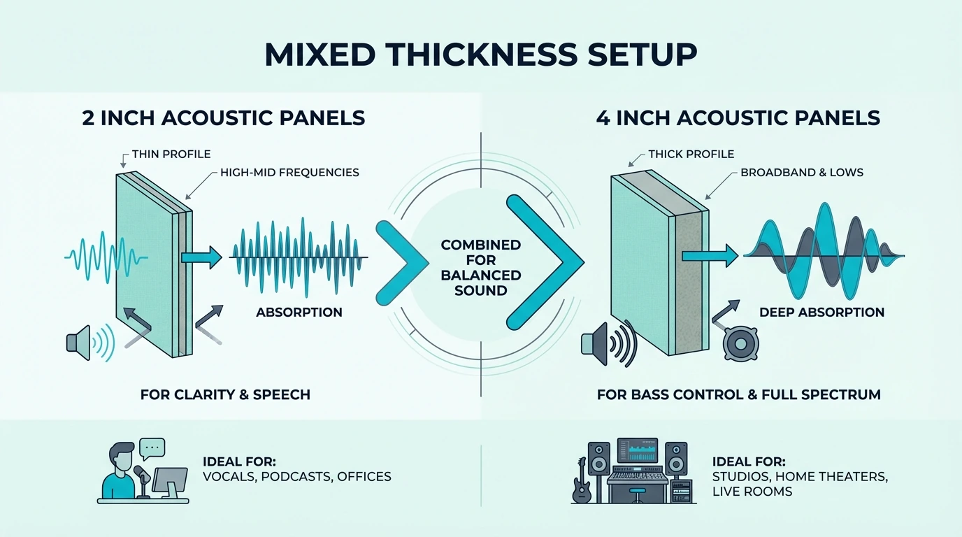 Room setup using mixed acoustic panel thicknesses