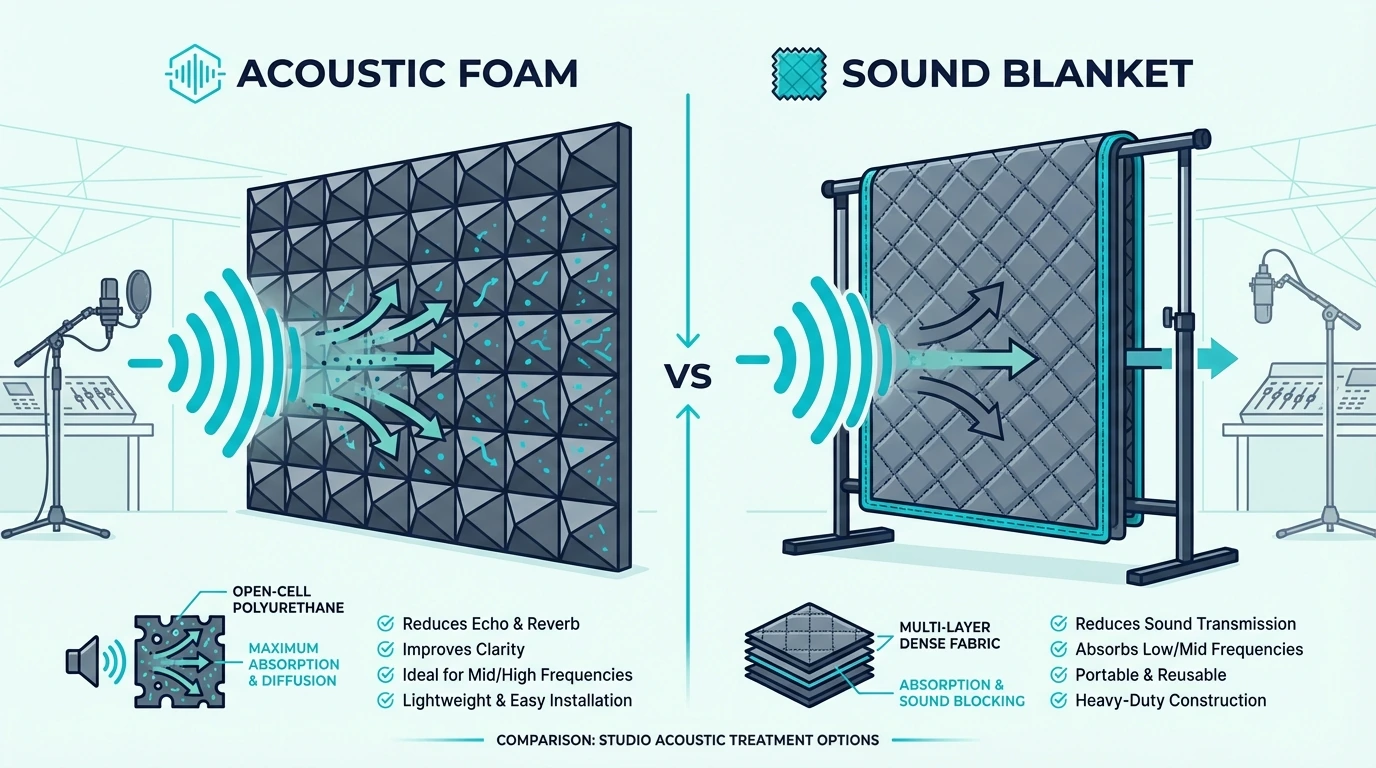 Side by side comparison of acoustic foam panels and sound blankets in a studio setting