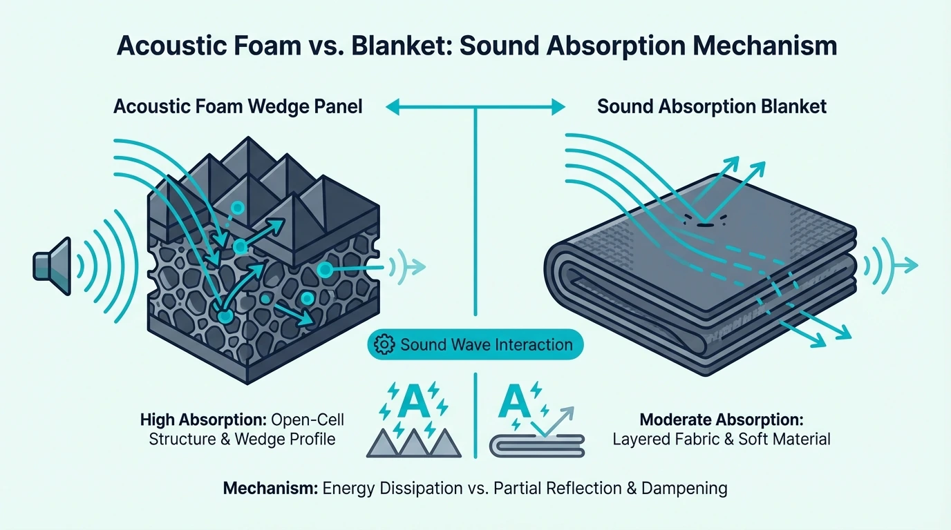 Close up of acoustic foam wedge panel showing texture and profile for sound absorption