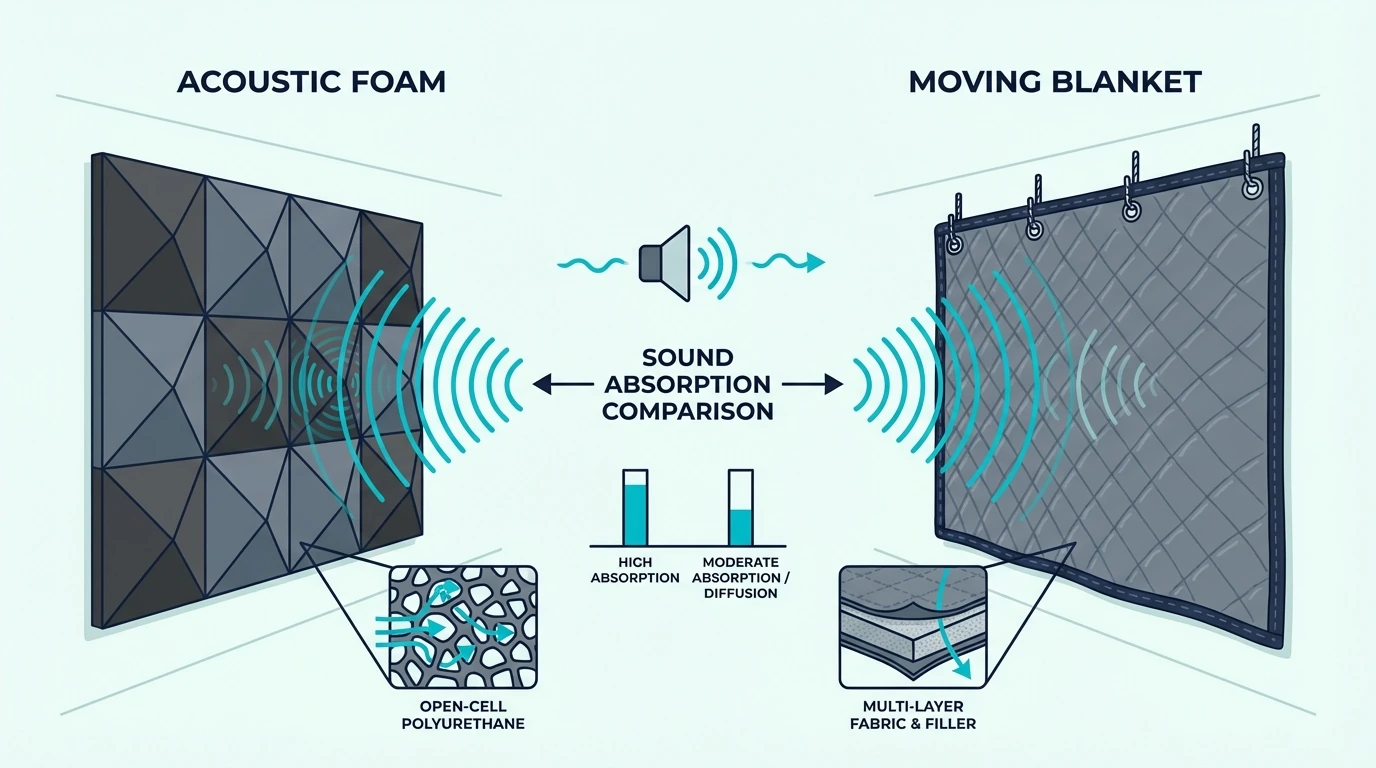 Moving blanket hung on wall showing grommets and texture for diy sound absorption