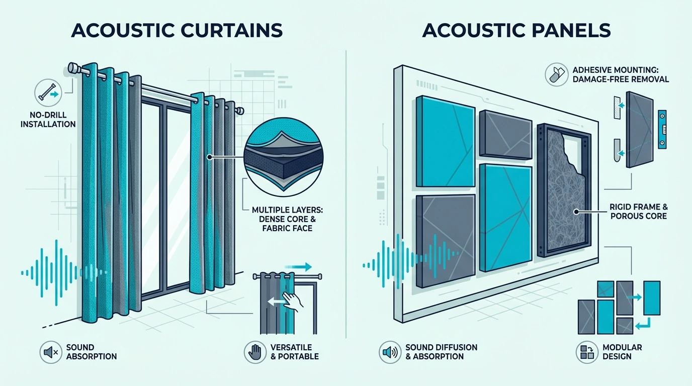 Renter-friendly acoustic curtains over a window