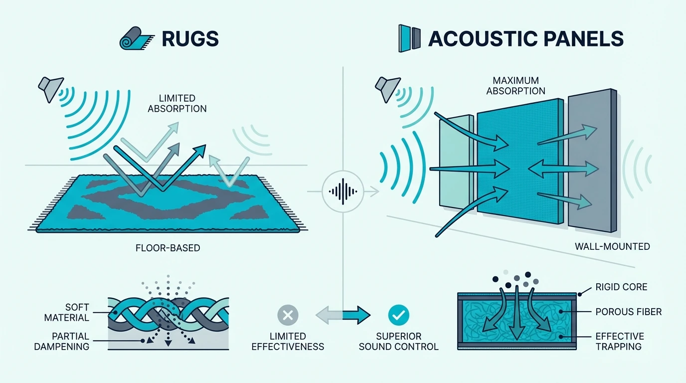 Side-by-side comparison of a rug and acoustic panels