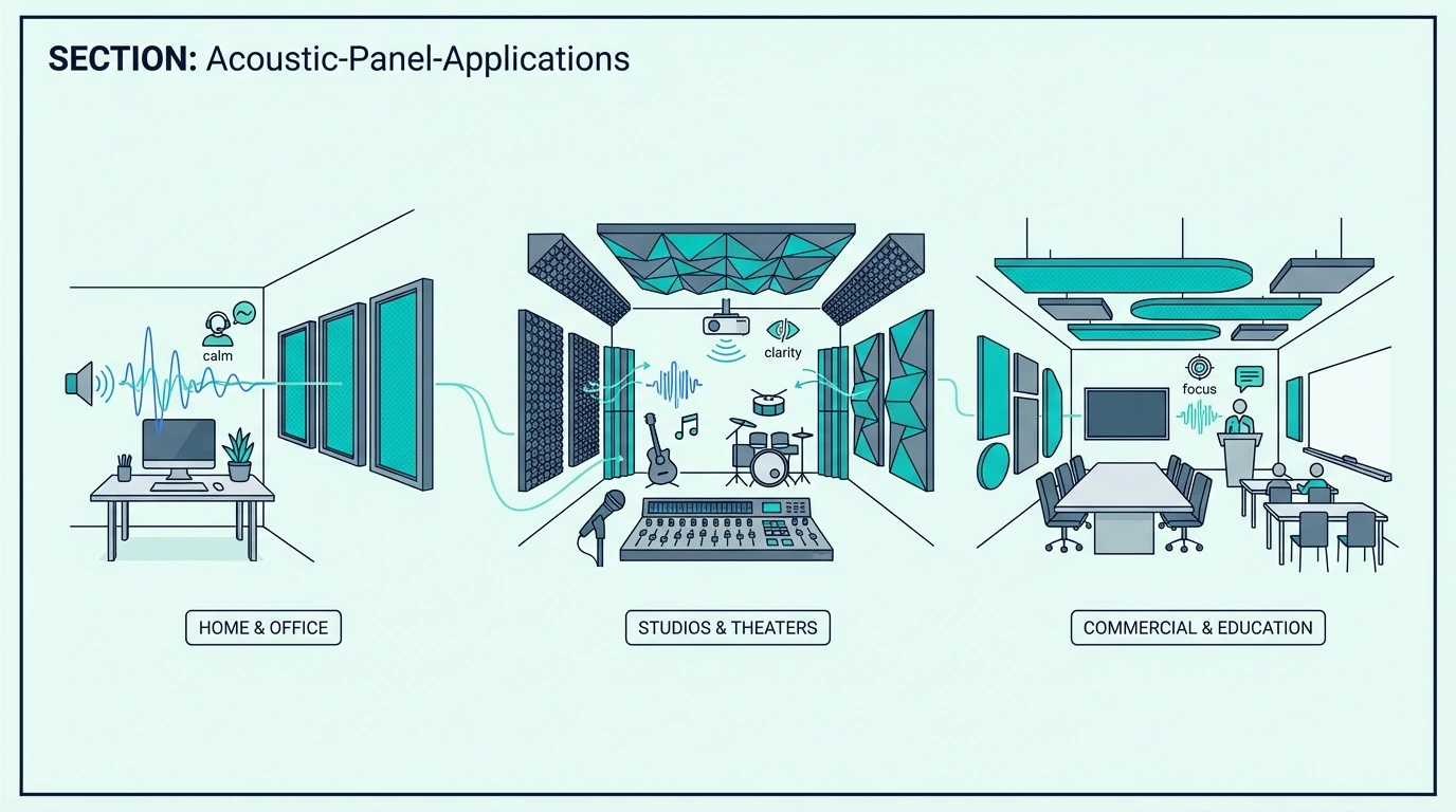 Examples of acoustic panel applications in different rooms