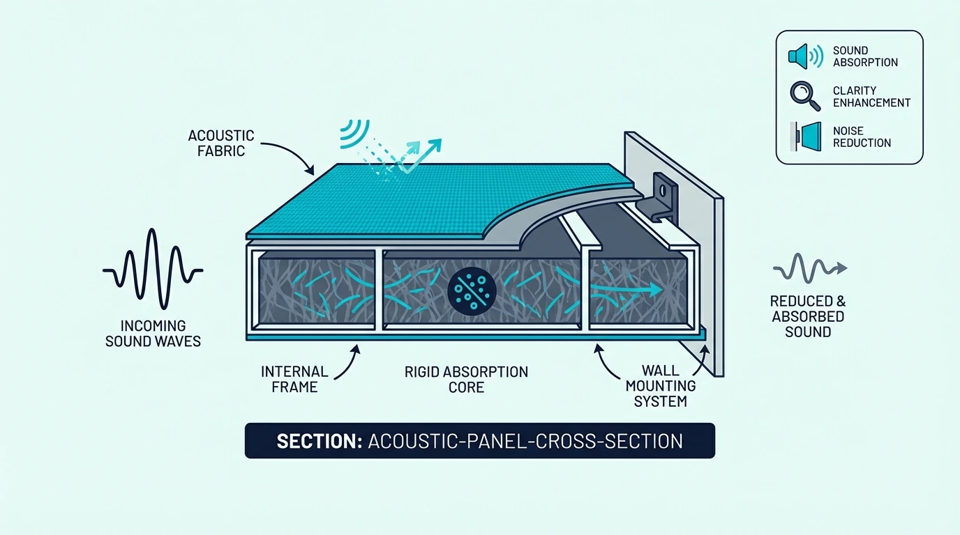 Cross section showing the layers inside an acoustic panel