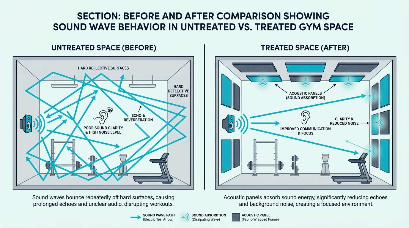 Before-and-after comparison of sound waves in an untreated and treated gym