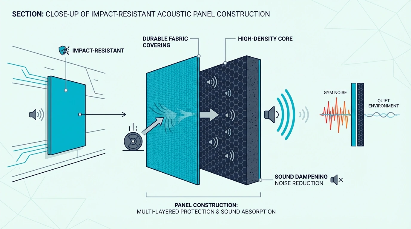 Impact-resistant acoustic panel construction with durable fabric and dense core