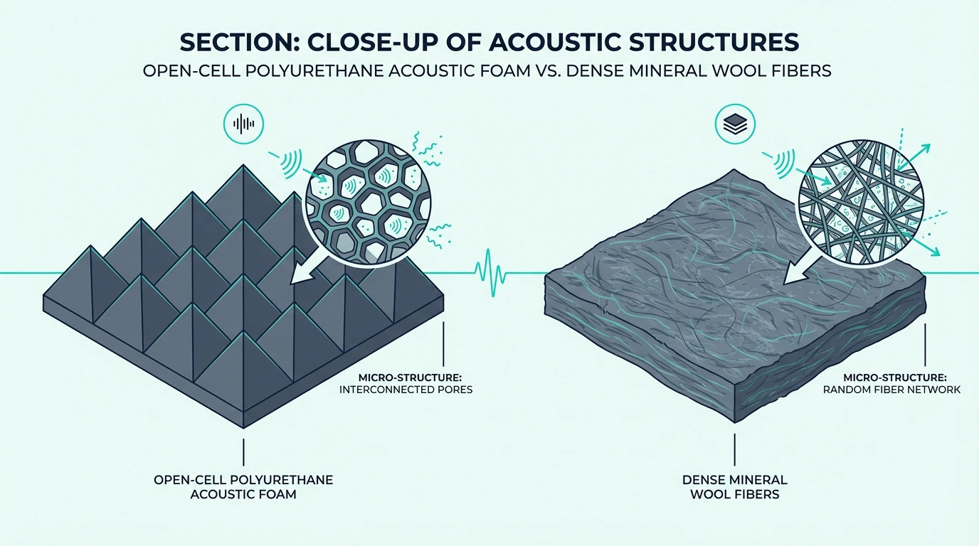 Open-cell acoustic foam next to dense Rockwool mineral wool fibers