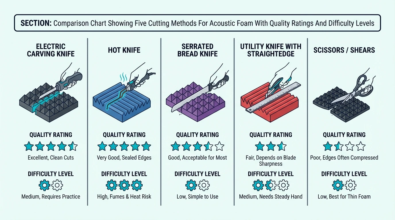 Comparison chart of five acoustic foam cutting methods
