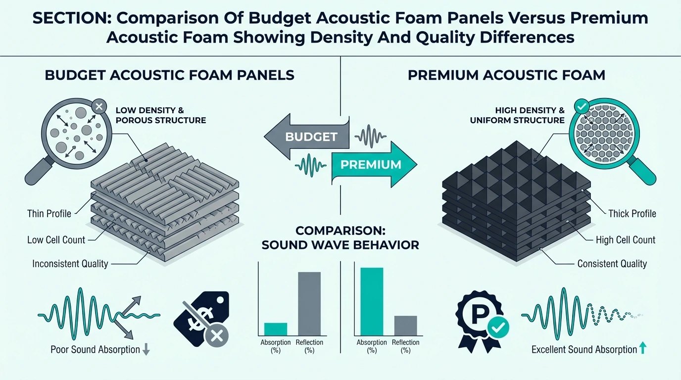 Comparison of budget acoustic foam panels versus premium acoustic foam showing density and quality differences