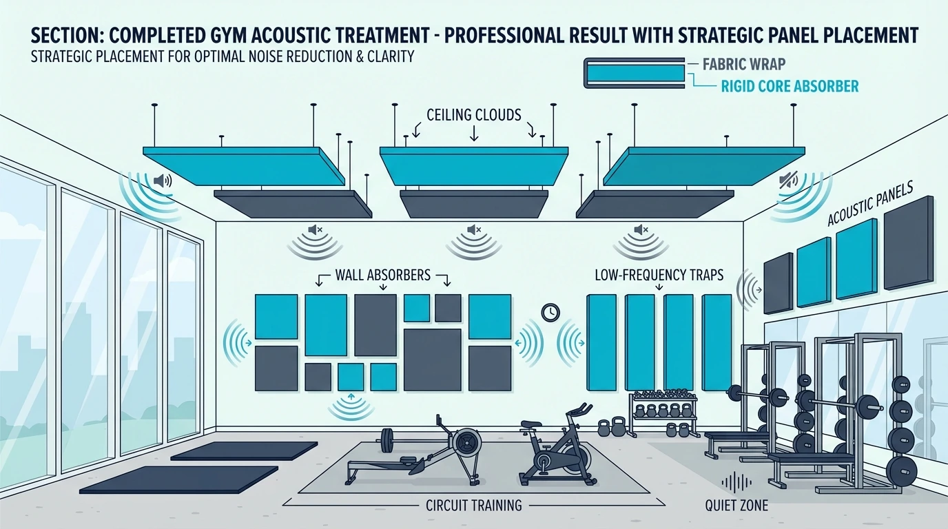 Completed gym acoustic treatment with strategic panel placement