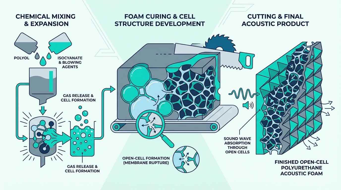 Cutaway illustration of polyurethane acoustic foam showing the manufacturing process that creates open cell structure