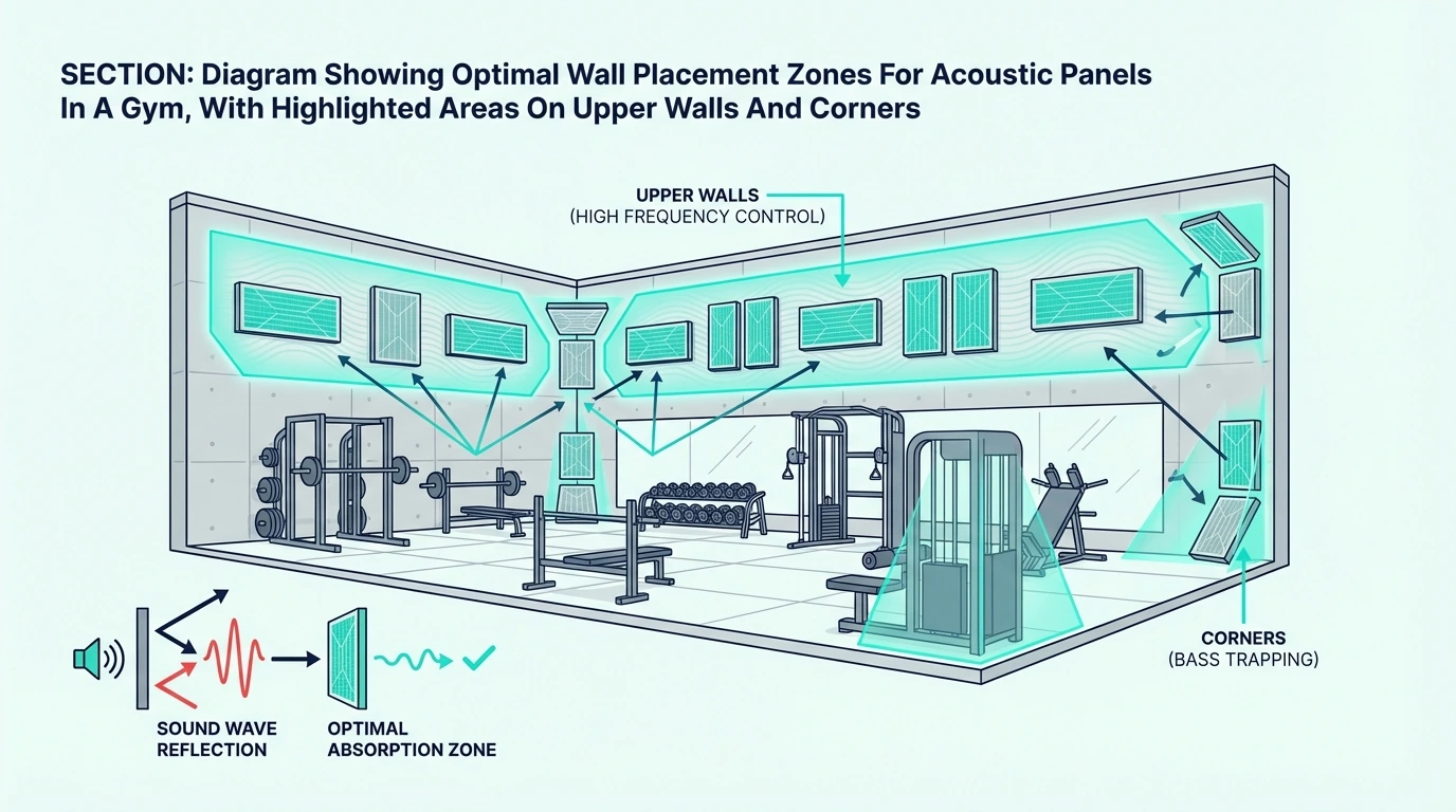 Diagram showing optimal wall placement zones for gym acoustic panels