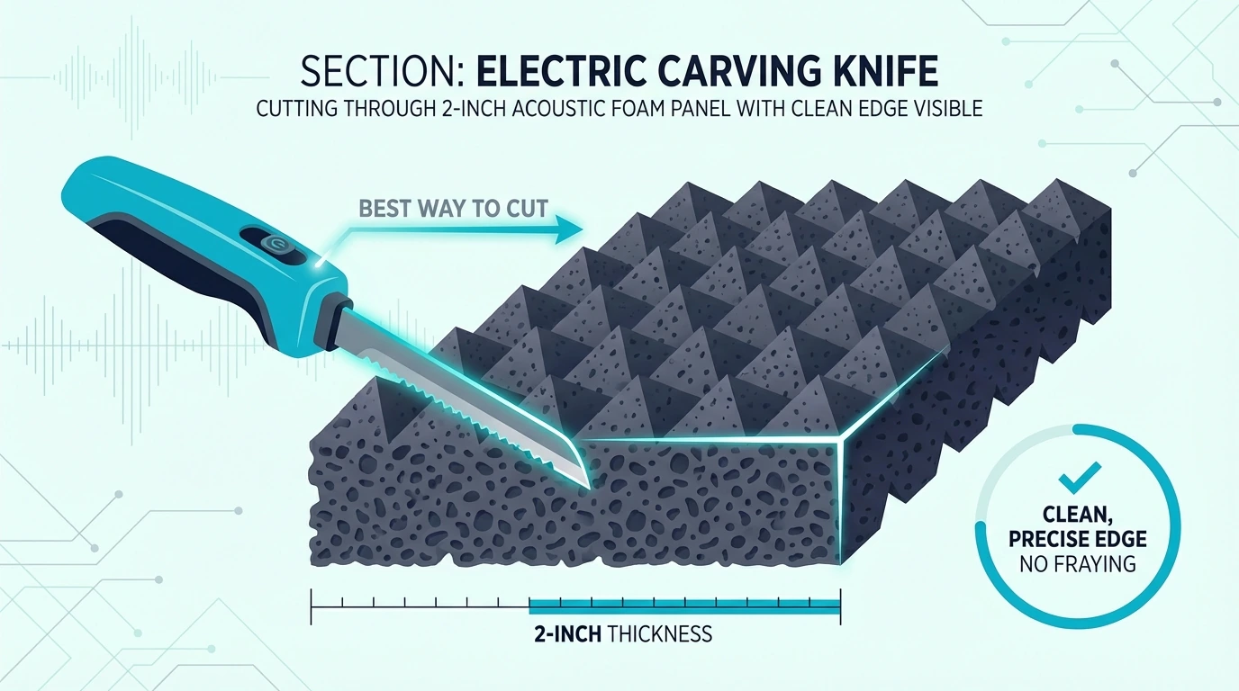 Electric carving knife cutting through a 2-inch acoustic foam panel