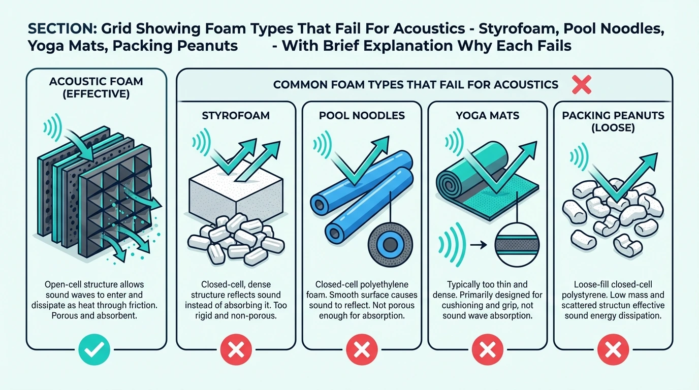 Grid showing foam types that fail for acoustics styrofoam pool noodles yoga mats packing peanuts with brief explanation…