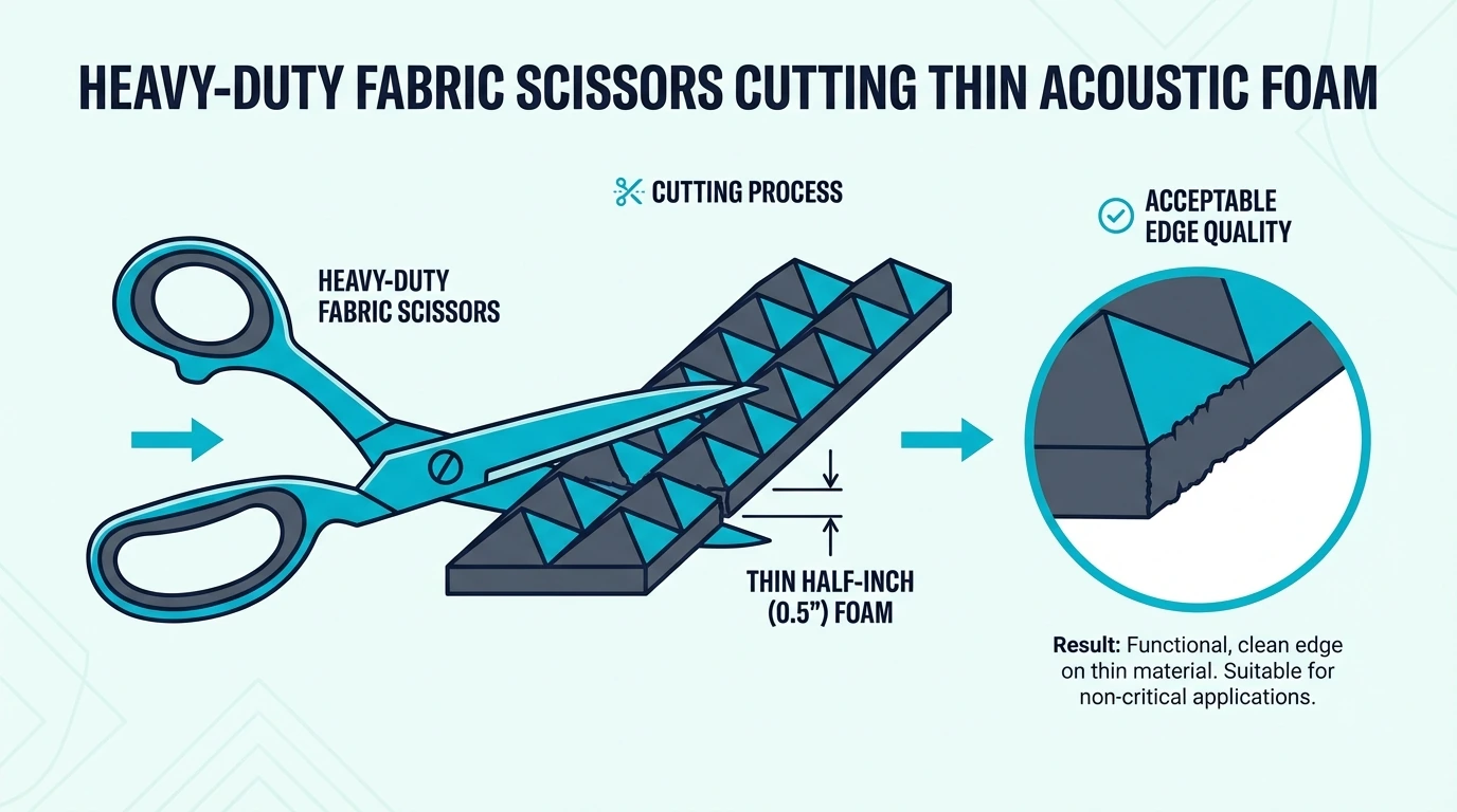 Fabric scissors cutting thin acoustic foam with acceptable edge quality