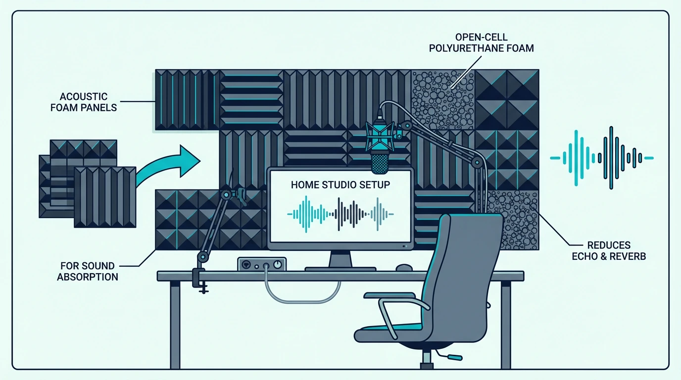 Home studio with acoustic foam panels behind a desk and microphone