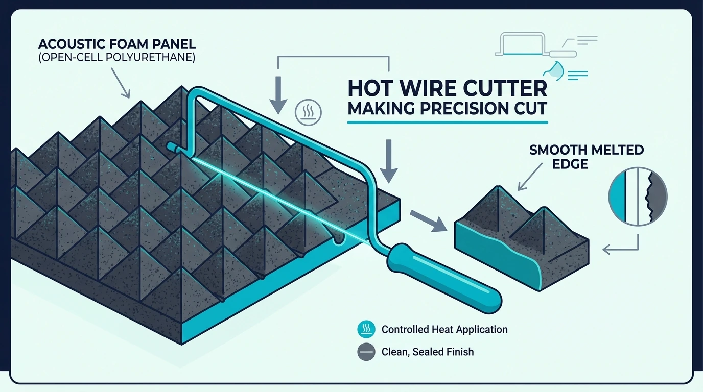 Hot wire foam cutter making a precision cut through acoustic foam