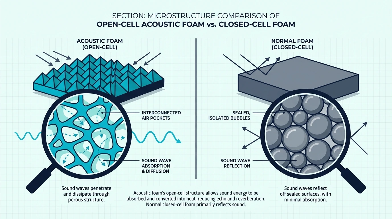 Microscopic cross section diagram showing open cell foam structure with interconnected air pockets versus closed cell…