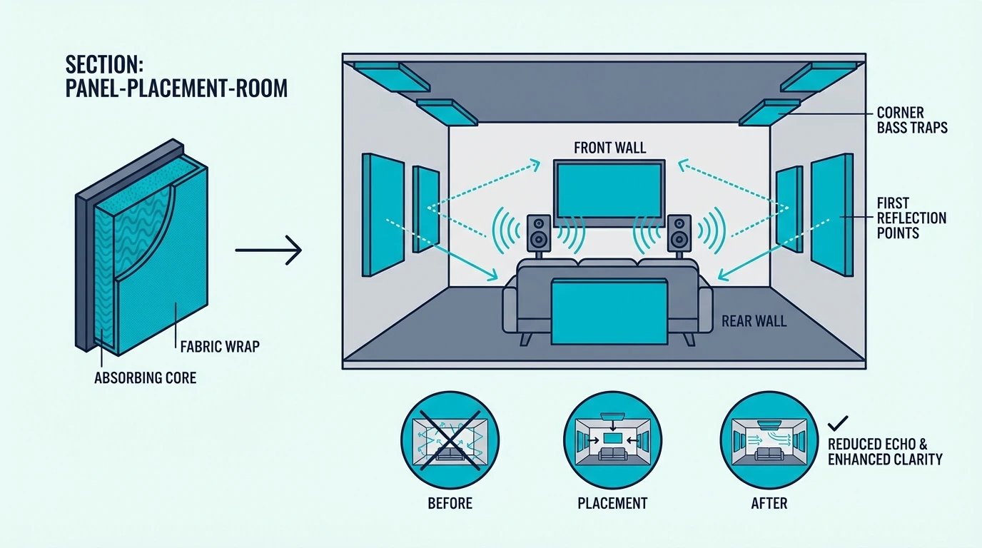 Room diagram showing acoustic panel placement zones