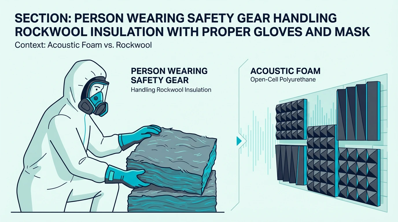 Person wearing gloves and a mask while handling Rockwool insulation